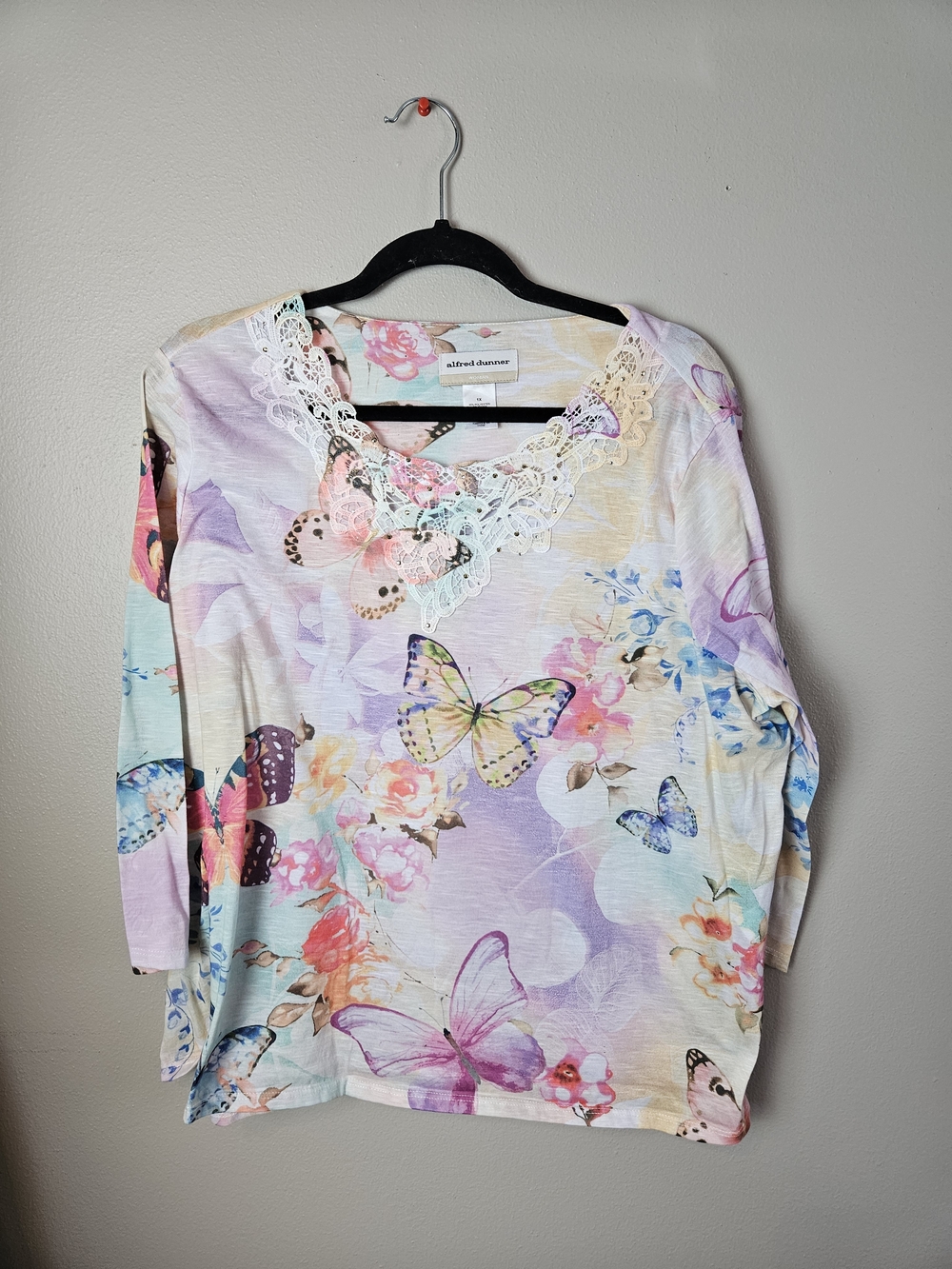 Alfred Dunner Pastel Butterfly Lace-Trim Long Sleeve Top